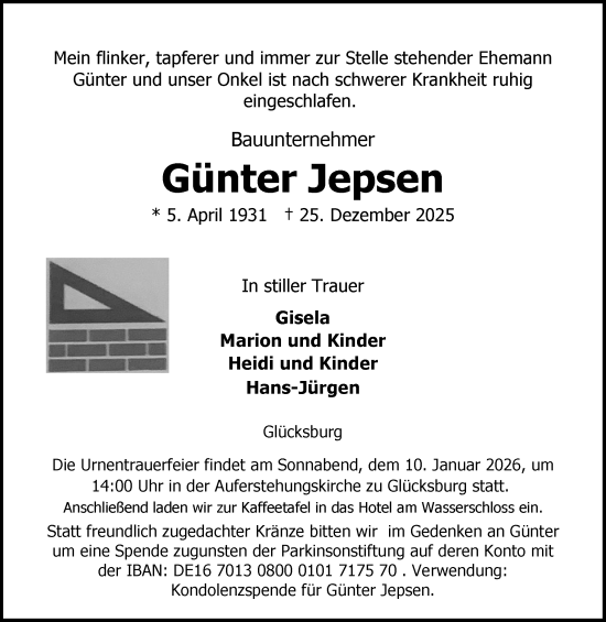 Traueranzeige von Günter Jepsen von Flensburger Tageblatt