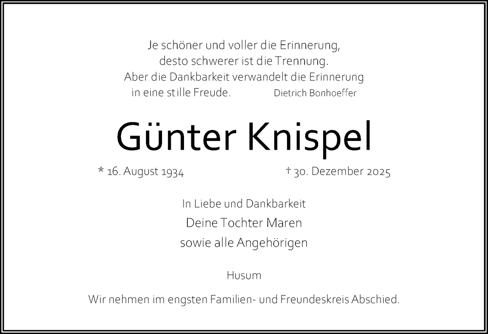  Traueranzeige für Günter Knispel vom 10.01.2026 aus Husumer Nachrichten, Nordfriesland Tageblatt