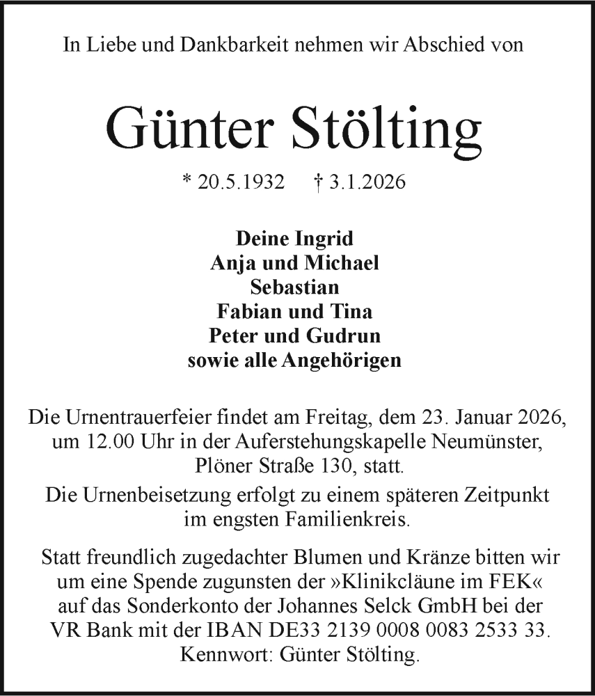  Traueranzeige für Günter Stölting vom 17.01.2026 aus Holsteinischer Courier