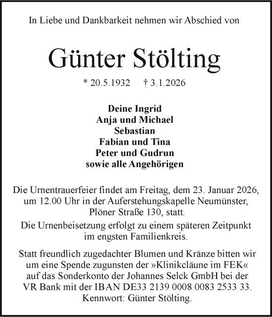 Traueranzeige von Günter Stölting von Holsteinischer Courier