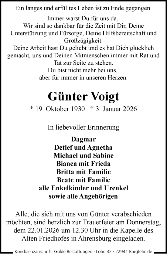 Traueranzeige von Günter Voigt von MARKT Ahrensburg/Bargteheide/Trittau und Stormarner Tageblatt