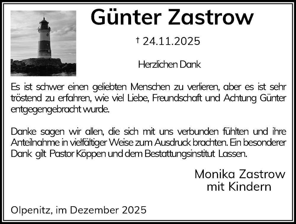  Traueranzeige für Günter Zastrow vom 03.01.2026 aus Schleswiger Nachrichten, Schlei-Bote