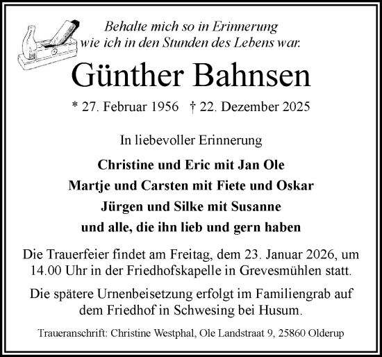 Traueranzeige von Günther Bahnsen von Husumer Nachrichten, Nordfriesland Tageblatt