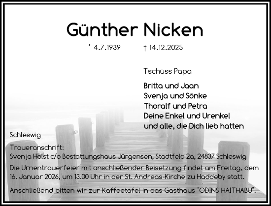 Traueranzeige von Günther Nicken von Schleswiger Nachrichten, Schlei-Bote