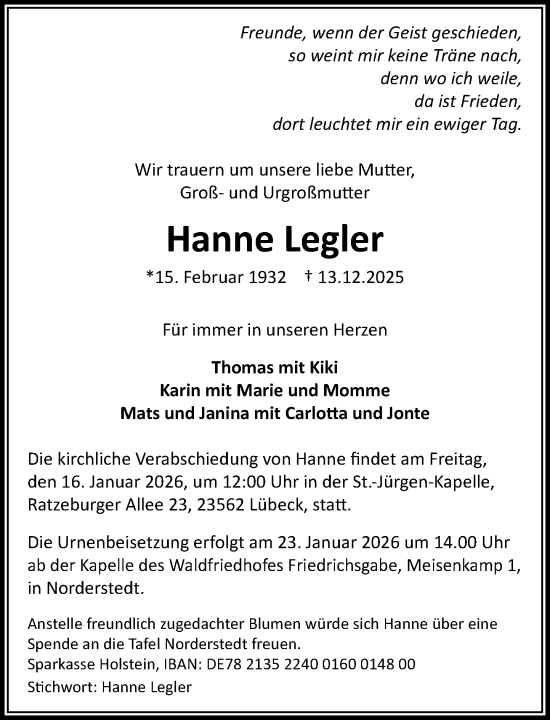 Traueranzeige von Hanne Legler von Heimatspiegel