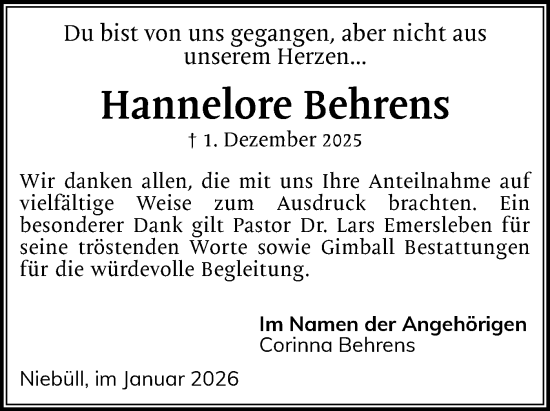 Traueranzeige von Hannelore Behrens von Husumer Nachrichten, Nordfriesland Tageblatt