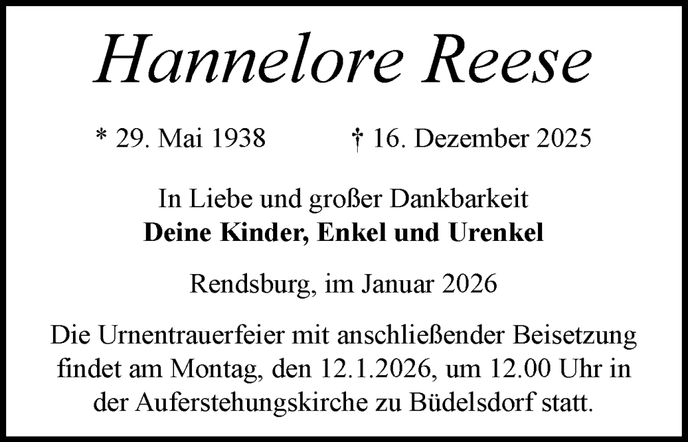  Traueranzeige für Hannelore Reese vom 03.01.2026 aus Schleswig-Holsteinische Landeszeitung