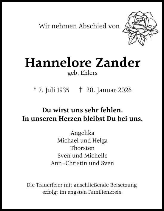 Traueranzeige von Hannelore Zander von Region Pinneberg und tip Pinneberg