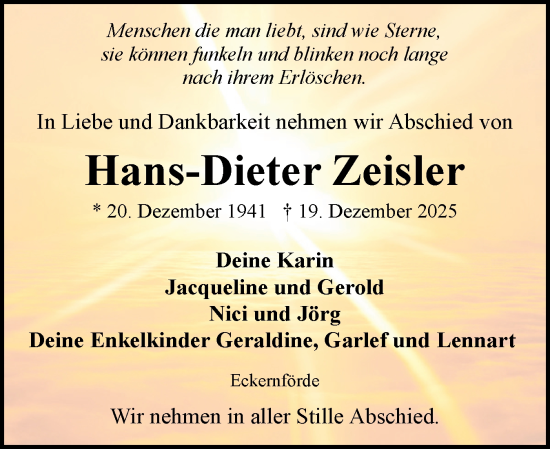 Traueranzeige von Hans-Dieter Zeisler von Eckernförder Zeitung, Hallo Eckernförde