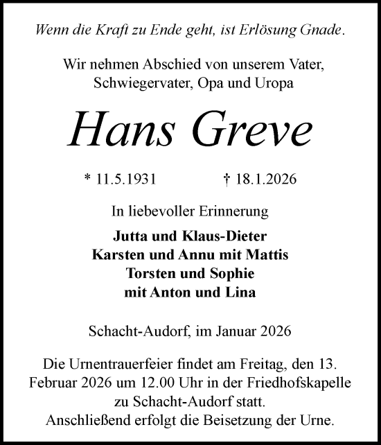 Traueranzeige von Hans Greve von Schleswig-Holsteinische Landeszeitung