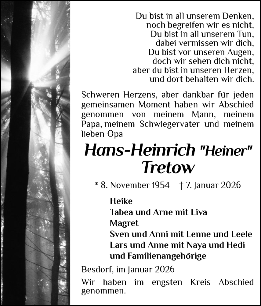  Traueranzeige für Hans-Heinrich Tretow vom 17.01.2026 aus Norddeutsche Rundschau, Wilstersche Zeitung, Glückstädter Fortuna