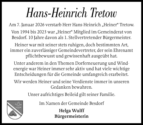 Traueranzeige von Hans-Heinrich Tretow von Norddeutsche Rundschau, Wilstersche Zeitung, Glückstädter Fortuna