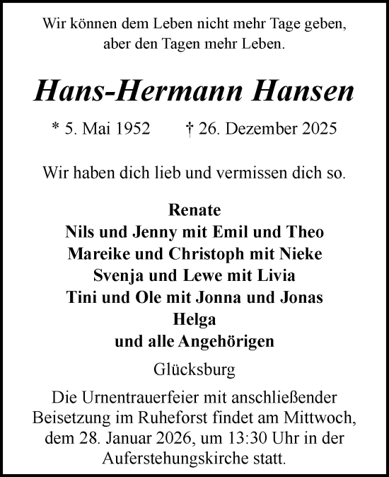 Traueranzeige von Hans-Hermann Hansen von Flensburger Tageblatt