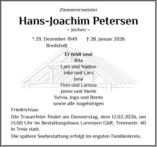Traueranzeige von Hans-Joachim Petersen von Region Flensburg
