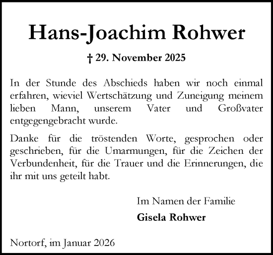 Traueranzeige von Hans-Joachim Rohwer von Schleswig-Holsteinische Landeszeitung