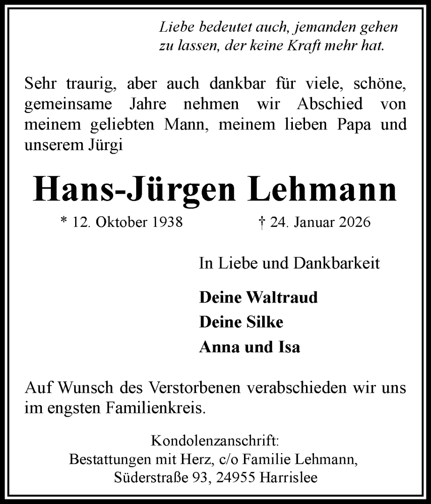  Traueranzeige für Hans-Jürgen Lehmann vom 31.01.2026 aus Flensburger Tageblatt