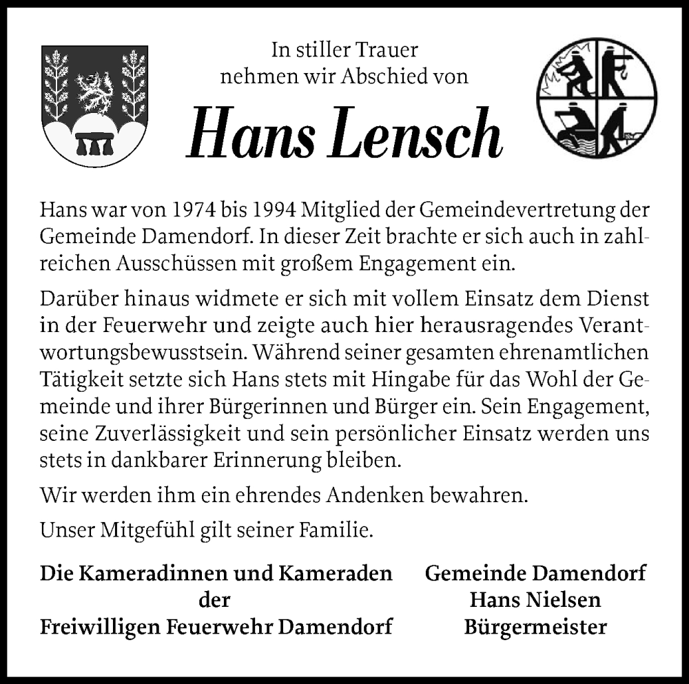  Traueranzeige für Hans Lensch vom 03.01.2026 aus Eckernförder Zeitung, Hallo Eckernförde