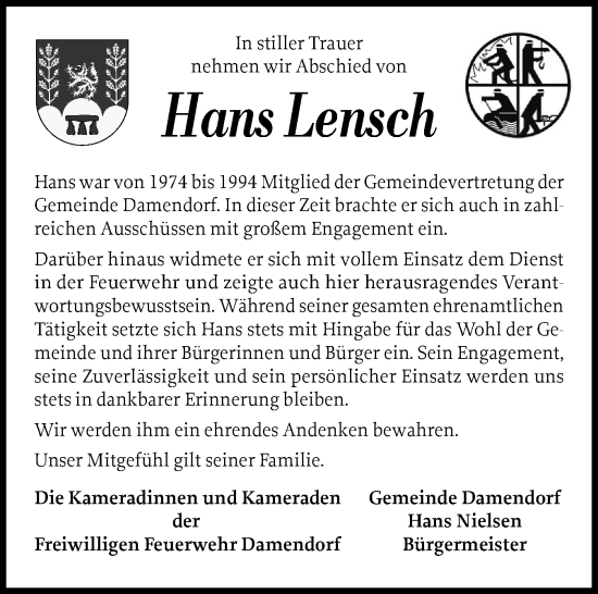 Traueranzeige von Hans Lensch von Eckernförder Zeitung, Hallo Eckernförde