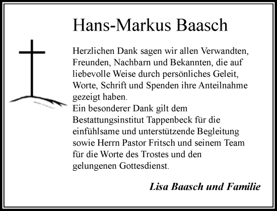 Traueranzeige von Hans-Markus Baasch von MARKT Ahrensburg/Bargteheide/Trittau und Stormarner Tageblatt