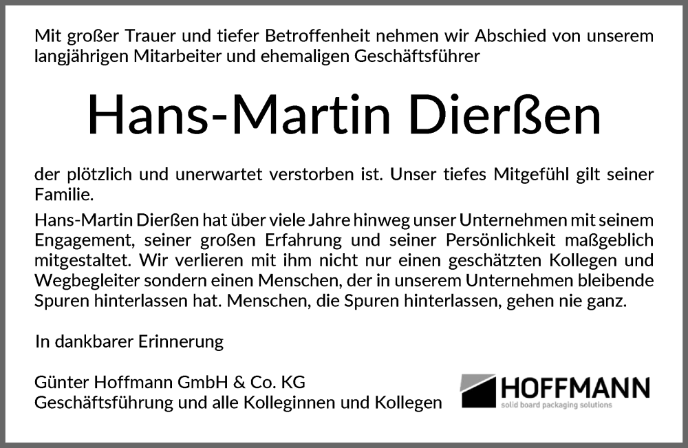  Traueranzeige für Hans-Martin Dierßen vom 17.01.2026 aus Umschau