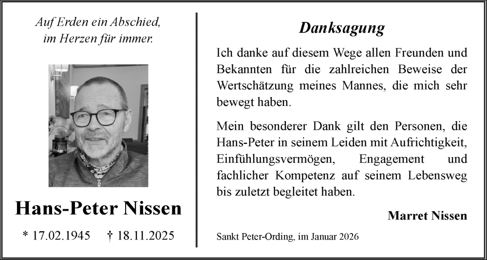  Traueranzeige für Hans-Peter Nissen vom 03.01.2026 aus Husumer Nachrichten, Nordfriesland Tageblatt