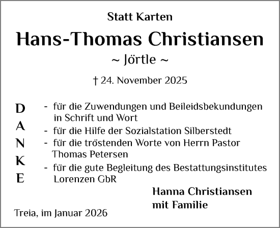 Traueranzeige von Hans-Thomas Christiansen von Schleswiger Nachrichten, Schlei-Bote