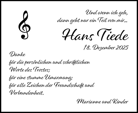 Traueranzeige von Hans Tiede von Region Pinneberg und tip Pinneberg