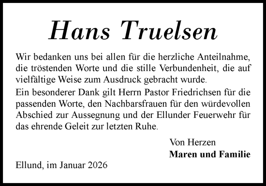 Traueranzeige von Hans Truelsen von Region Flensburg