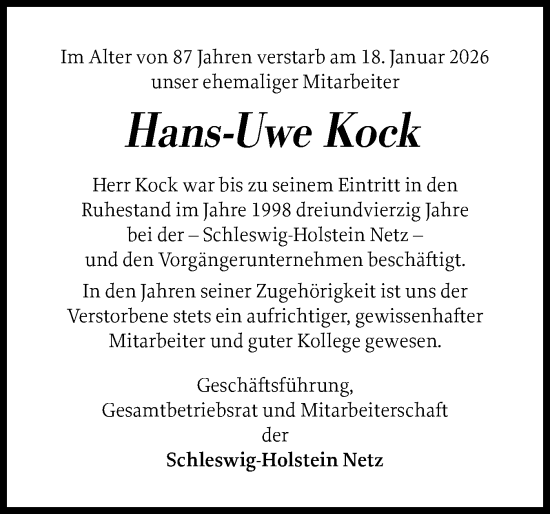 Traueranzeige von Hans-Uwe Kock von Schleswig-Holsteinische Landeszeitung