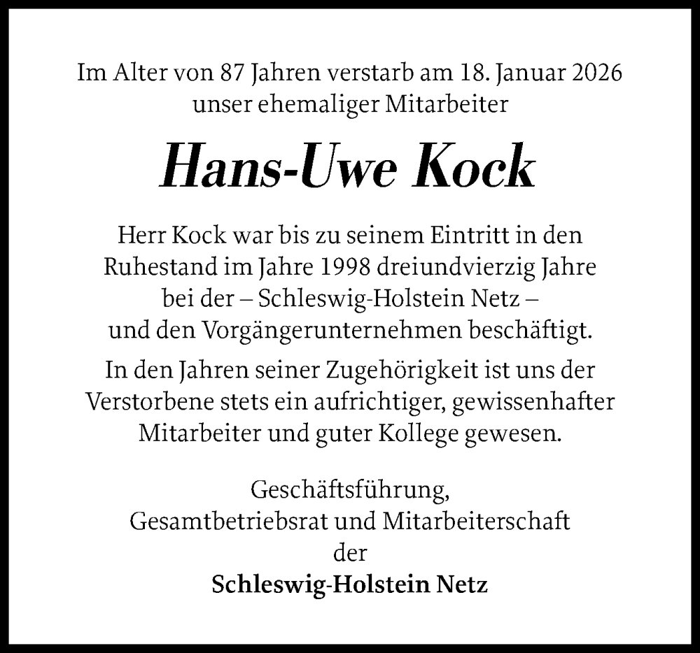  Traueranzeige für Hans-Uwe Kock vom 31.01.2026 aus Schleswig-Holsteinische Landeszeitung