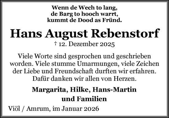 Traueranzeige von Hans August Rebenstorf von Region Westküste