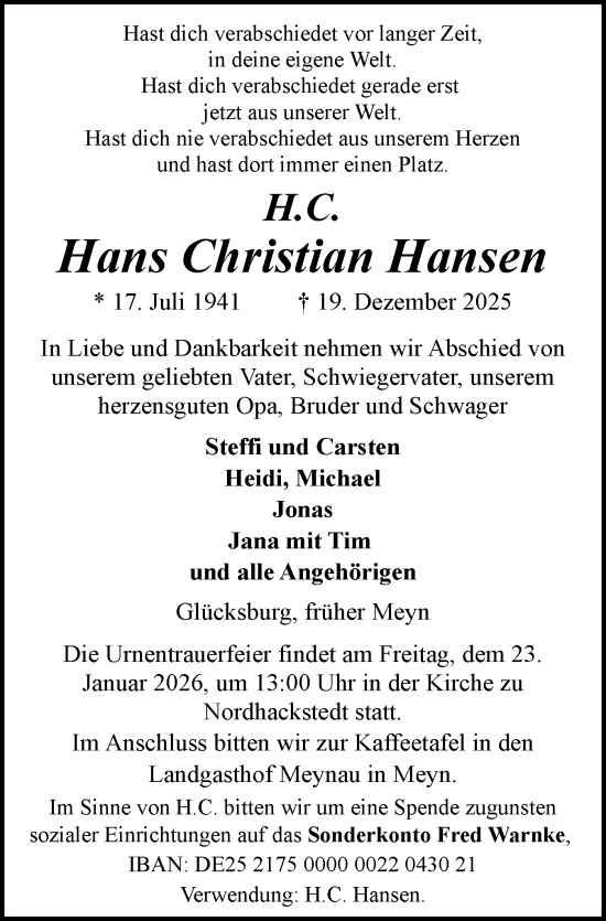 Traueranzeige von Hans Christian Hansen von Region Flensburg