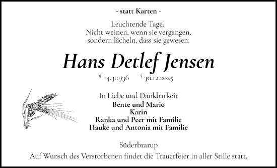 Traueranzeige von Hans Detlef Jensen von Flensburger Tageblatt, Schleswiger Nachrichten, Schlei-Bote