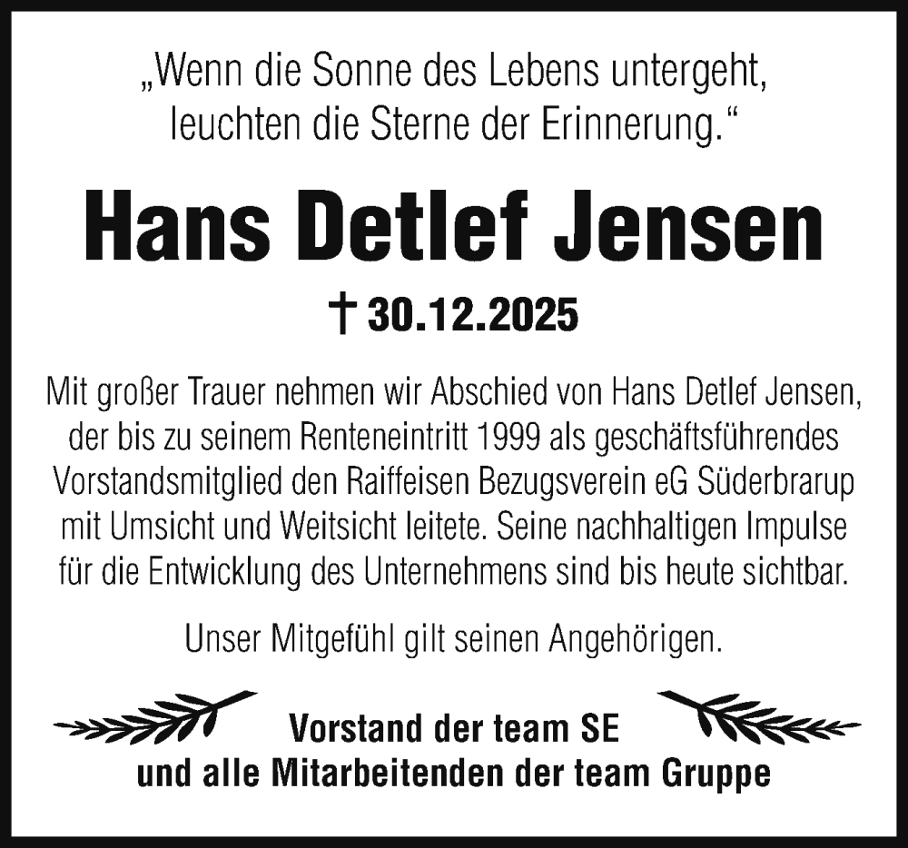  Traueranzeige für Hans Detlef Jensen vom 10.01.2026 aus Flensburger Tageblatt, Schleswiger Nachrichten, Schlei-Bote