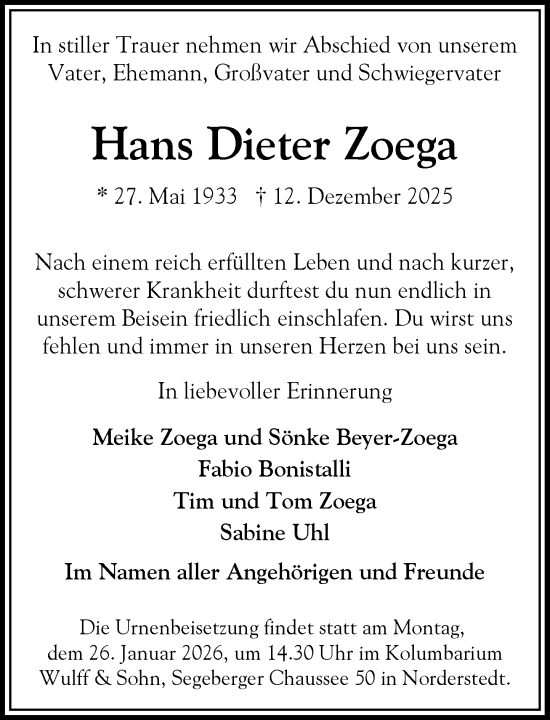 Traueranzeige von Hans Dieter Zoega von Heimatspiegel