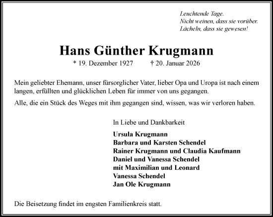 Traueranzeige von Hans Günther Krugmann von Wochenend Anzeiger