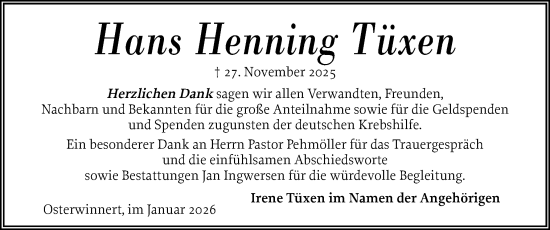 Traueranzeige von Hans Henning Tüxen von Husumer Nachrichten, Nordfriesland Tageblatt