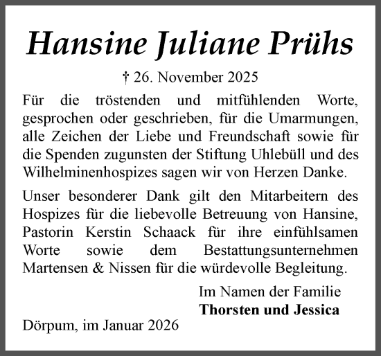 Traueranzeige von Hansine Juliane Prühs von Husumer Nachrichten, Nordfriesland Tageblatt