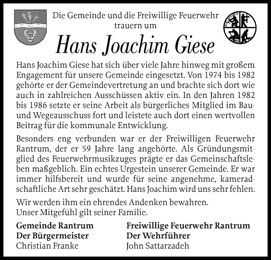 Traueranzeige von Hans Joachim Giese von Husumer Nachrichten, Nordfriesland Tageblatt