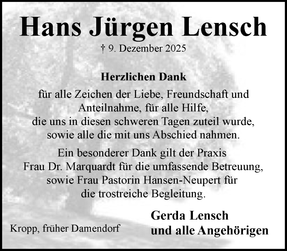  Traueranzeige für Hans Jürgen Lensch vom 17.01.2026 aus Schleswiger Nachrichten, Schlei-Bote, Eckernförder Zeitung