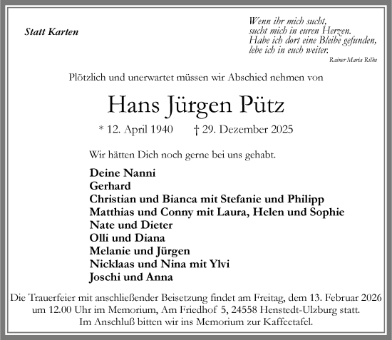 Traueranzeige von Hans Jürgen Pütz von Umschau