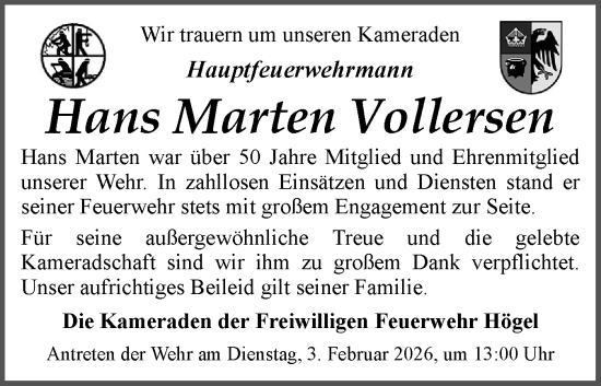 Traueranzeige von Hans Marten Vollersen von Husumer Nachrichten, Nordfriesland Tageblatt