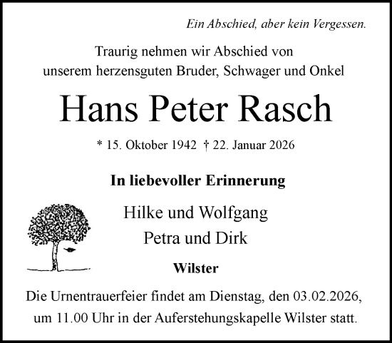 Traueranzeige von Hans Peter Rasch von Norddeutsche Rundschau, Wilstersche Zeitung, Glückstädter Fortuna