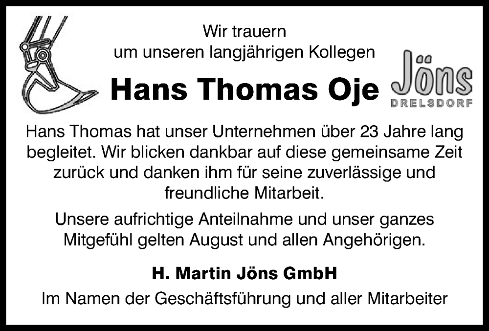  Traueranzeige für Hans Thomas Oje vom 22.01.2026 aus Husumer Nachrichten, Nordfriesland Tageblatt
