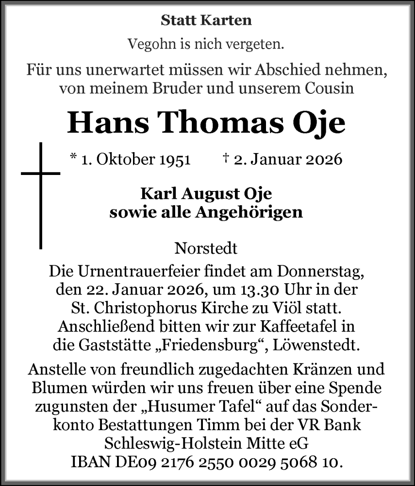 Traueranzeige für Hans Thomas Oje vom 10.01.2026 aus Husumer Nachrichten, Nordfriesland Tageblatt