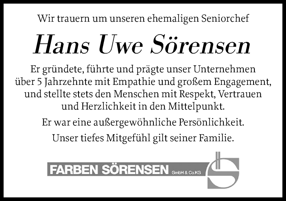  Traueranzeige für Hans Uwe Sörensen vom 10.01.2026 aus Flensburger Tageblatt