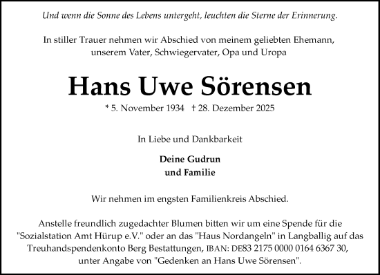Traueranzeige von Hans Uwe Sörensen von Flensburger Tageblatt