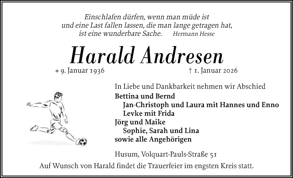  Traueranzeige für Harald Andresen vom 07.01.2026 aus Husumer Nachrichten, Nordfriesland Tageblatt