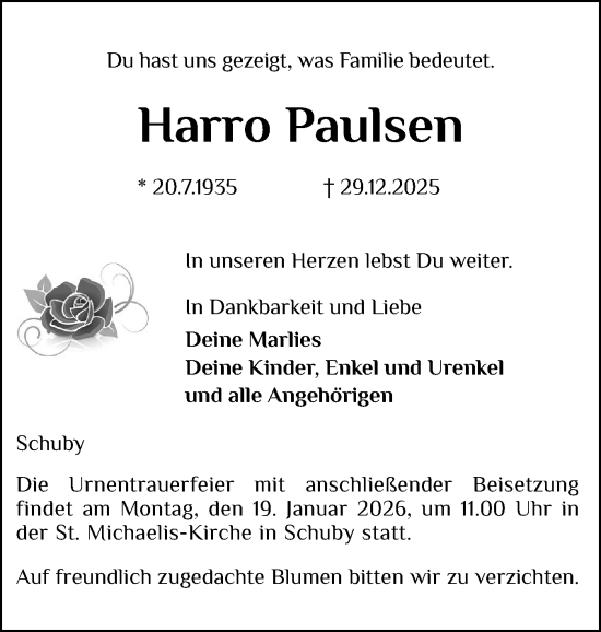 Traueranzeige von Harro Paulsen von Schleswiger Nachrichten, Schlei-Bote