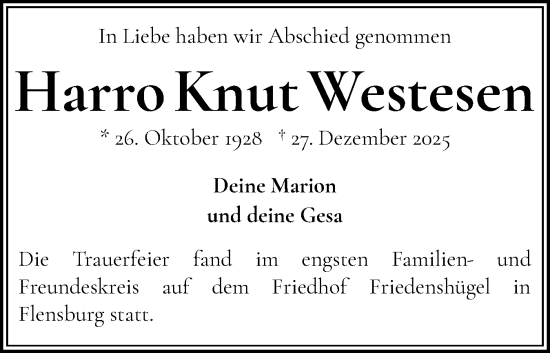 Traueranzeige von Harro Knut Westesen von Flensburger Tageblatt